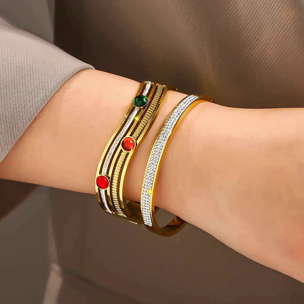 

2Pcs/Set Stainless Steel Women's Bracelet Bangle Set, Widened Geometric Curved Shape Zircon Inlaid Wrist Jewelry Accessory Gift