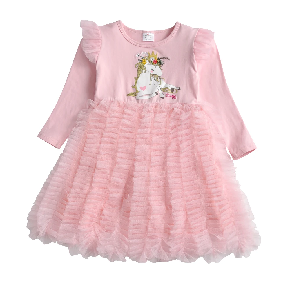 VIKITA Girls Licorne Print Cartoon Dress Kids Spring Autumn Winter Long Sleeve Pink Layered Tulle Mesh Tutu Princess Party Dress