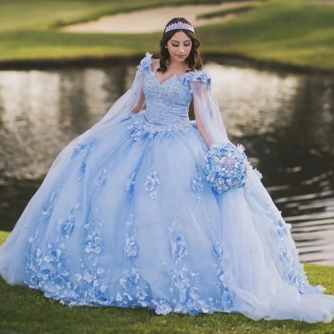 Lichtblauw Tule Puffy 3D Applique Assepoester Quinceanera Jurken Party 16 Verjaardag Prinses Baljurken Vestidos De 15 Anos