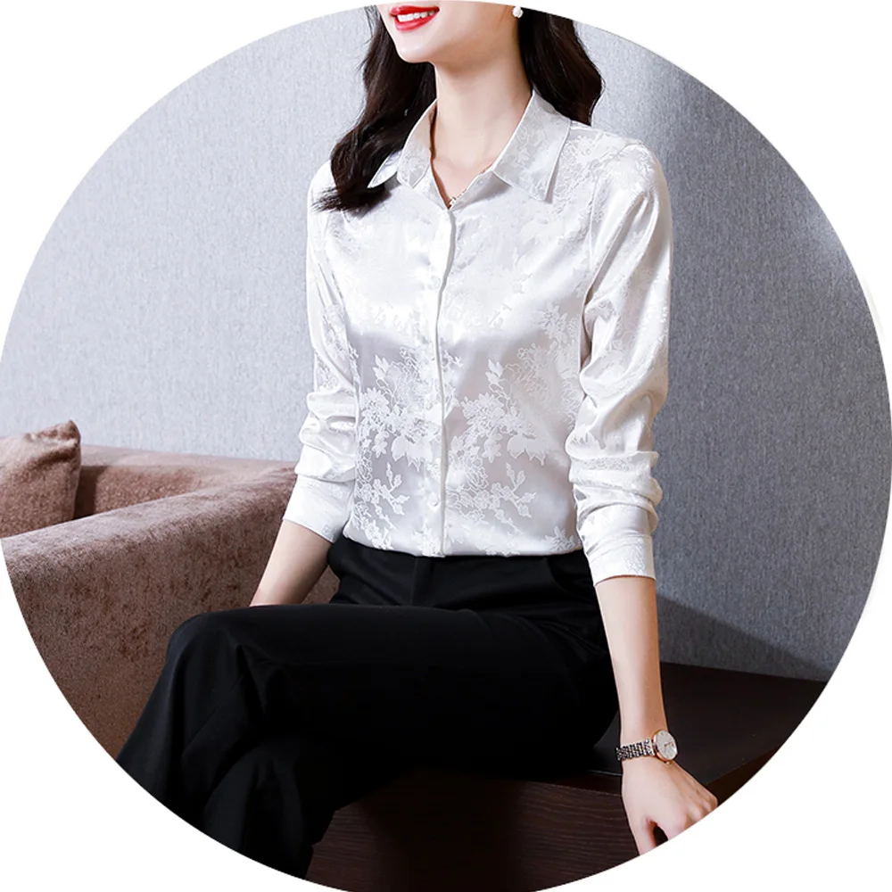 Fashion Jacquard Satin Shirts Women Office Lady Workwear OL Blouse Long Sleeve Casual Tops Elegant Female Clothing