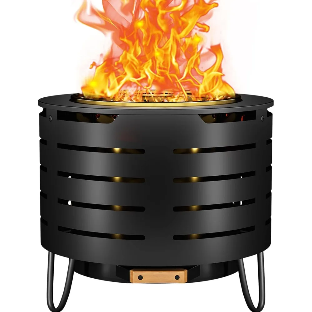 

19 Inch Silver Stainless Steel Portable Outdoor Fire Pit, Classic Wood Burning, Low Smoke Emission, Includes Fire Poker and Stan