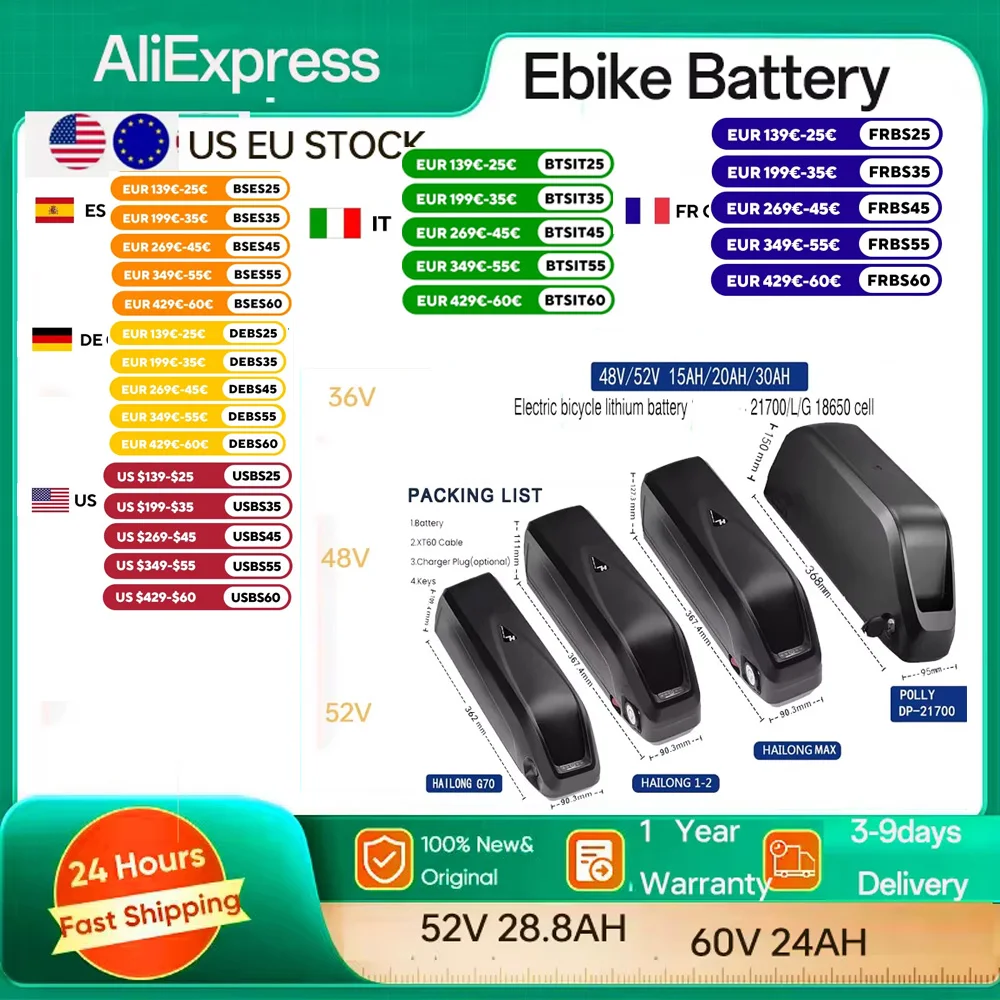 

Hailong 48v 20 24 Ah Batterie Elettrica Ebike 48v 1500w 36V 52V Lithium Battery With Charger 250w-1500w Lithium Battery Pack