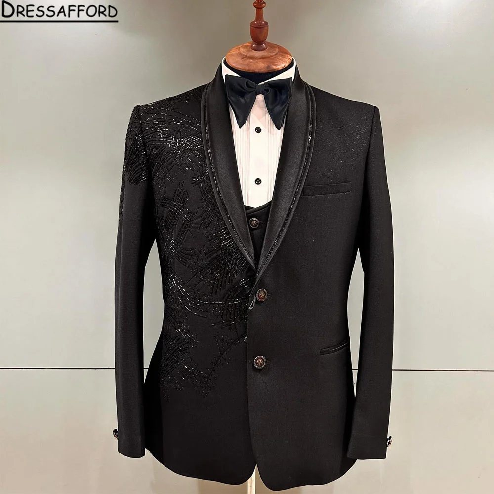 

Black Blazers Men Suits Luxury Beading Fashion Banquet 2 Piece Business Jacket Pants Trousers