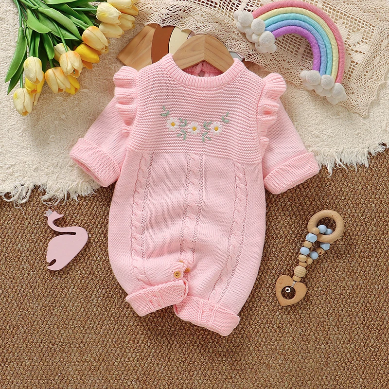 Pink Baby Girls Rompers Long Sleeve Floral Embroideried Newborn Infant Jumpsuits One Piece Toddler Playsuits 0-18m Kids Clothing