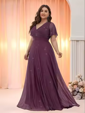 Plus Size Glitter V-Neck Ruffle Sleeve Formal Evening Dress Burgundy