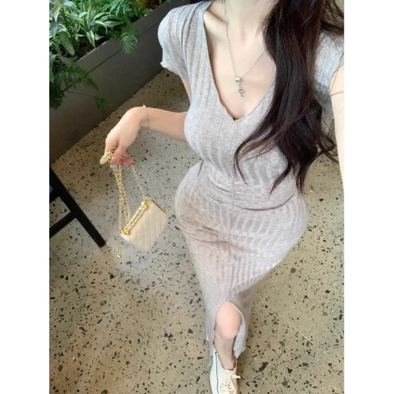 

Sexy Elegant Dress Short Sleeve Pure Sexy Solid Summer Hip Wrap Split Dresses Korean Hot Girls Casual Skirts Preppy Clothing