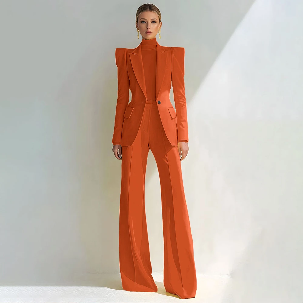 Professionele Dames Rood Pak Piekte Revers Enkele Knop Vrouwelijke Elegante Blazer En Uitlopende Broek 2 Delige Set Formele Kantoorkleding