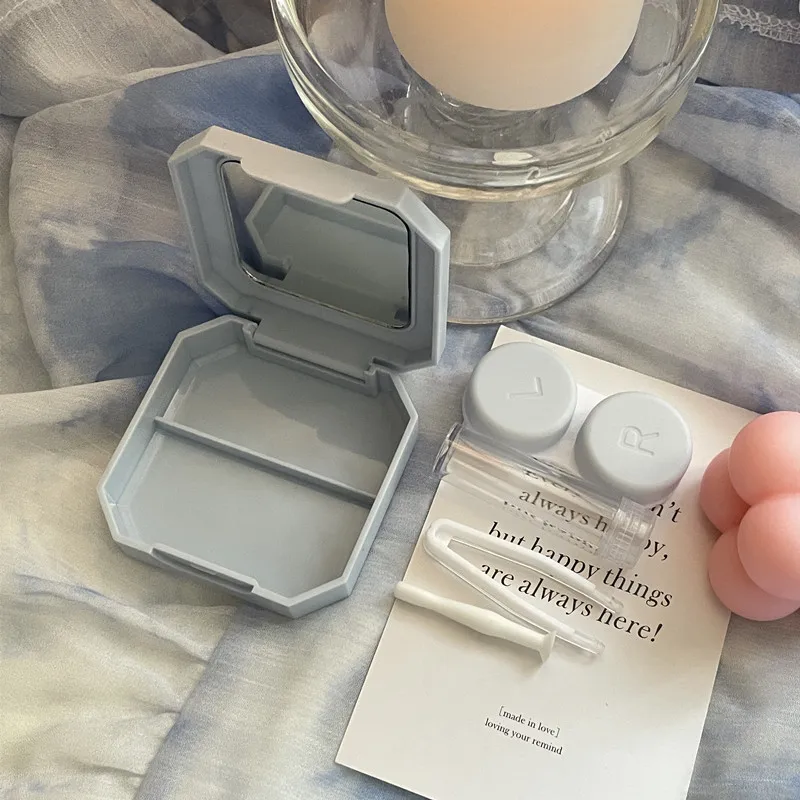 صندوق عدسات لاصقة بلون الحلوى علبة عدسات لاصقة محمولة بلون سادة مع مجموعة عصا شفط الملقط لحامل أدوات السفر 2028 #4