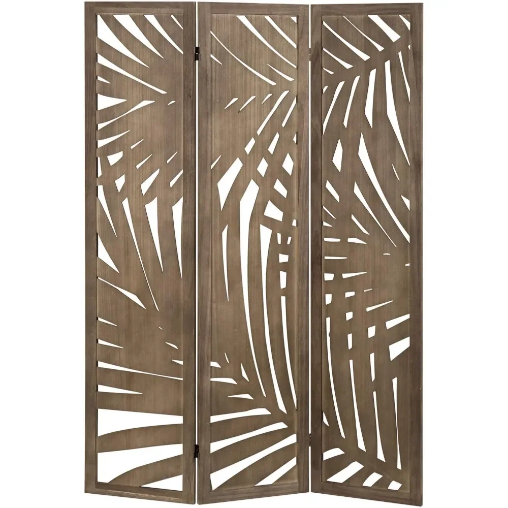 3panel Brown Paulownia  Decoration Room Partition with Tropical Palm Leaves,wooden Independent Folding Privacy Screen Partition