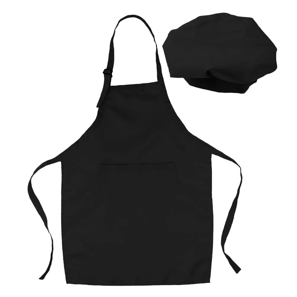 1Set Cooking Apron Hat Set Black Size L Adjustable Neck Waist Kitchen Baking Party Art Painting Clothes