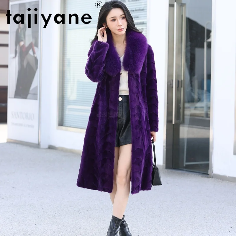 TAJIYANE Natural Pieced Mink Fur Jacket Woman Purple Long Real Mink Fur Coat with Fox Fur Collar Winter Women Clothing 2025 шуба