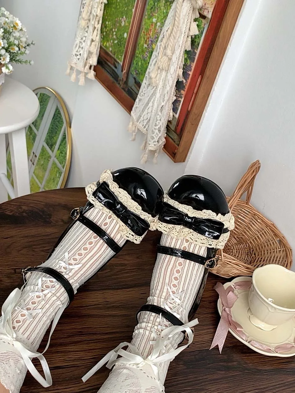 Japanese Original Lolita Lace Bow Doll-Style High Heels Cute Sweet Girl Round Toe Chunky Mary Jane Shoes