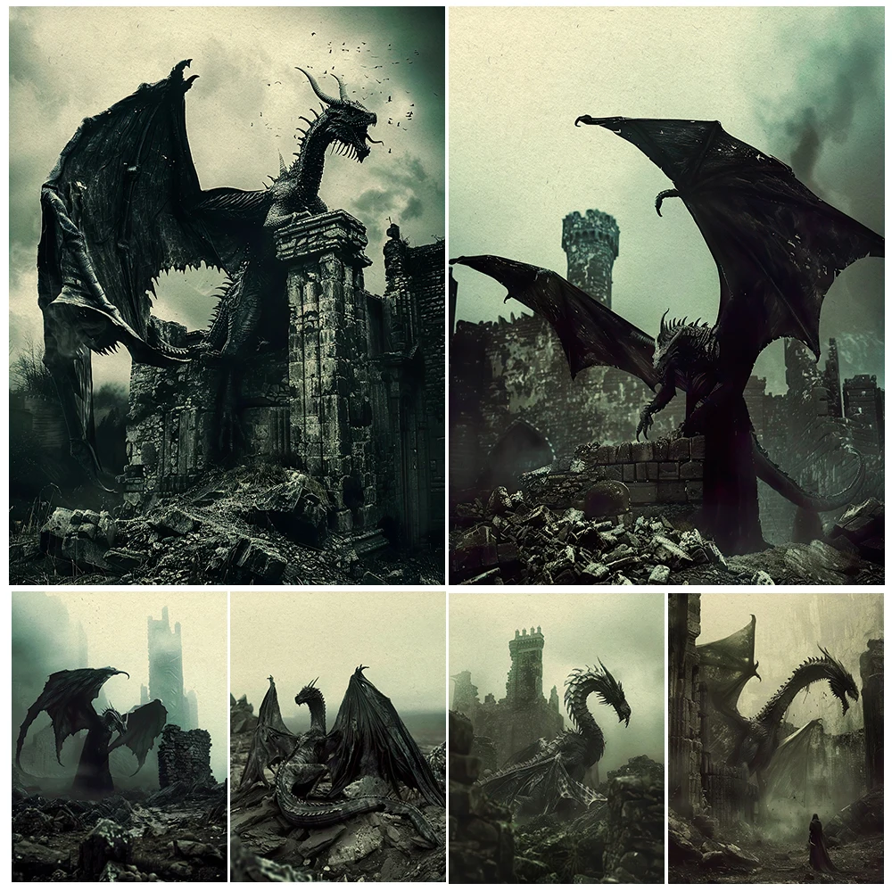The Evil Dragon Standing On The Ruins,Vintage Wall Art,Canvas Painting,Mythological Creature, Gothic Art Poster Print,Home Decor