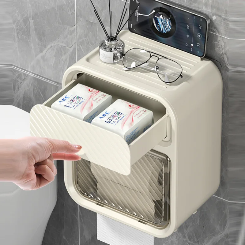 Wall Mounted Toilet Tissue Box Waterproof Punch-free Paper Holder Double Layer Storage Rack Bathroom Kitchen Organizer view 5