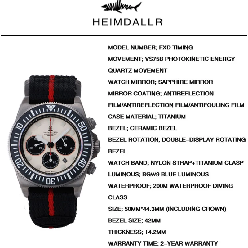 タクティカルフロッグ FXD2 チタンダイビングウォッチ男性用 20ATM クロノグラフ VS75B ソーラークォーツムーブメント時計 BGW9 超発光