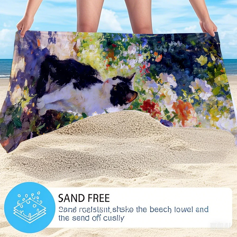 Impressionist Garden Cat Compact Travel Beach Towel Super Absorbent Sand Resistant, Microfiber for Swimming Camping Yoga view 2