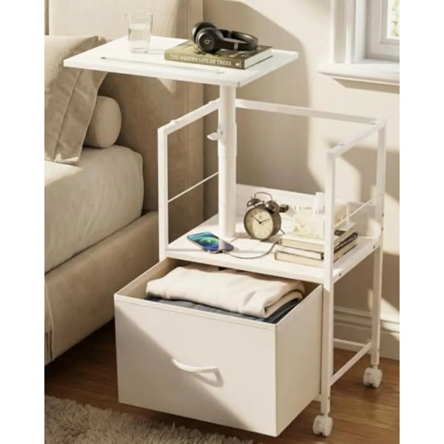 Swivel Lift Top Nightstand with Charging Station Rolling Side Table for Recliner Bedside Table with Wheels and a Fabric Drawer