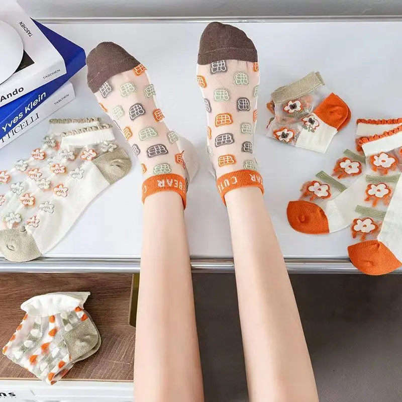 5 Pairs Thin Women Summer Cute Cartoon Socks Set Cat Bear Floral Animal Female Kawaii Transparent Silk Socks For Women