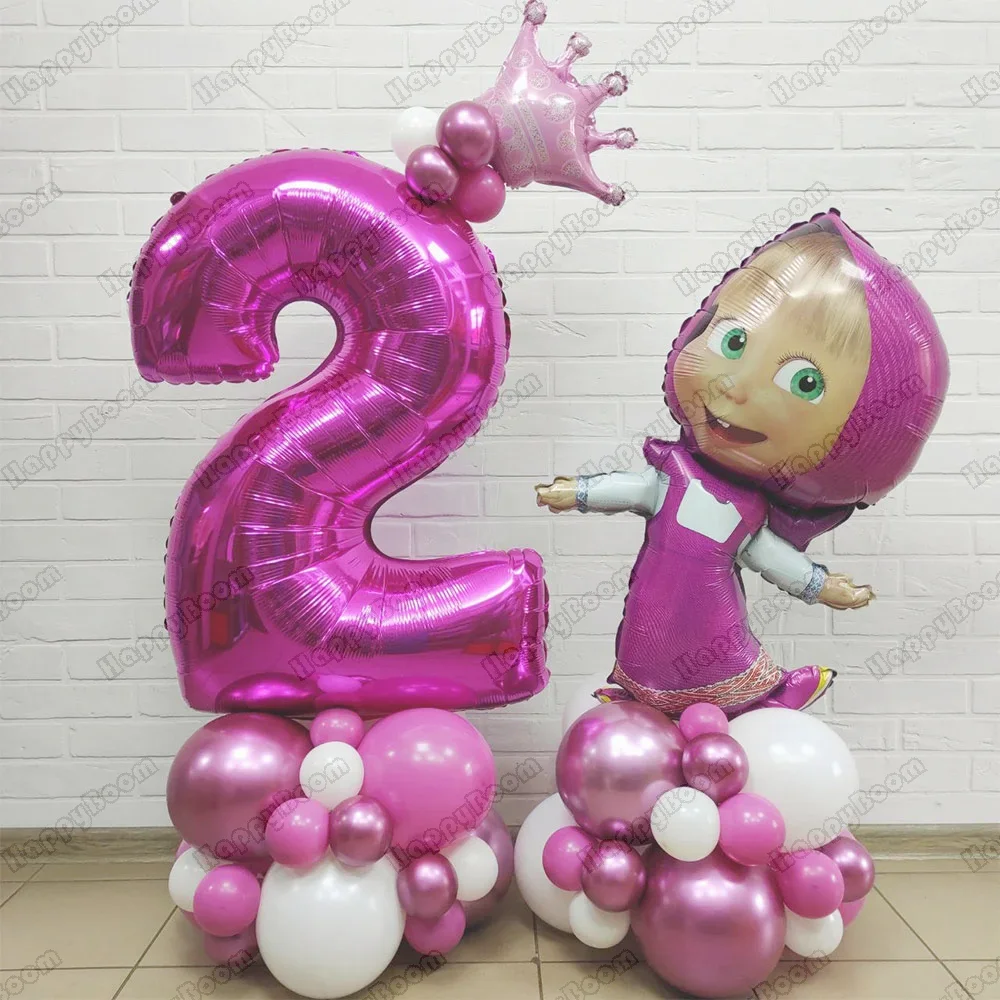 45pcs Masha and Bear Pink Series Digital Balloons 1-9Pink Crown Pearlescent Perfect for Irthday Party Decoration Supplies