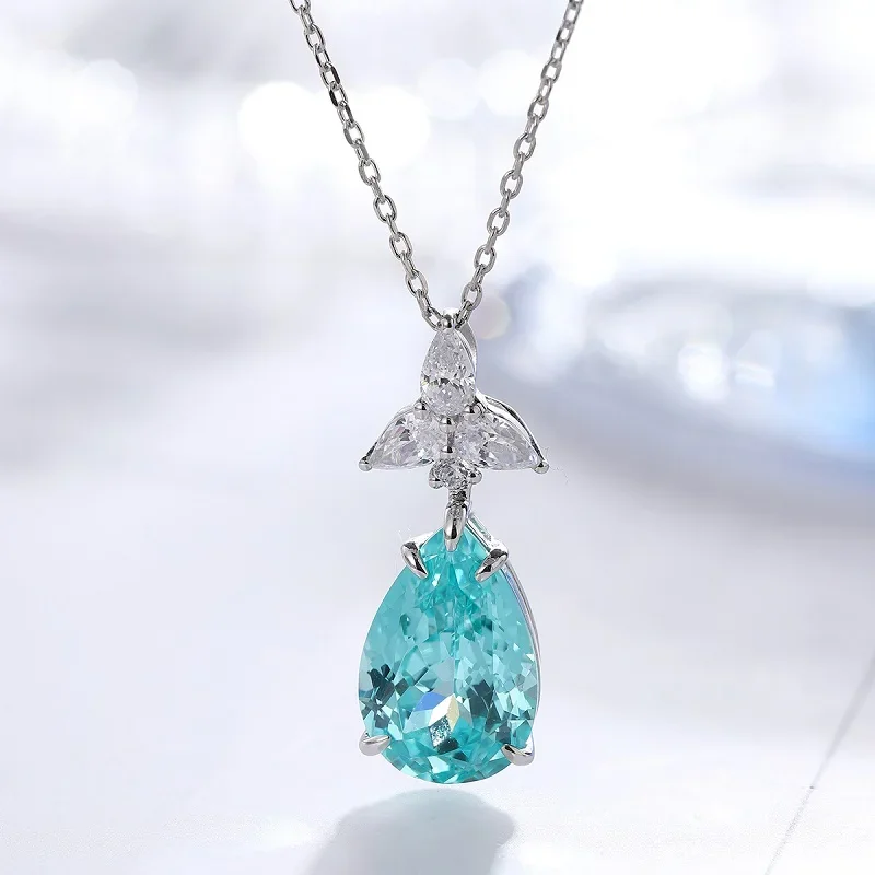 RUIF Fine Pear Shape 9.53ct Lab Grown Paraiba Sapphire Pendant Necklace S925 Silver Jewelry Engagement Gift  Women