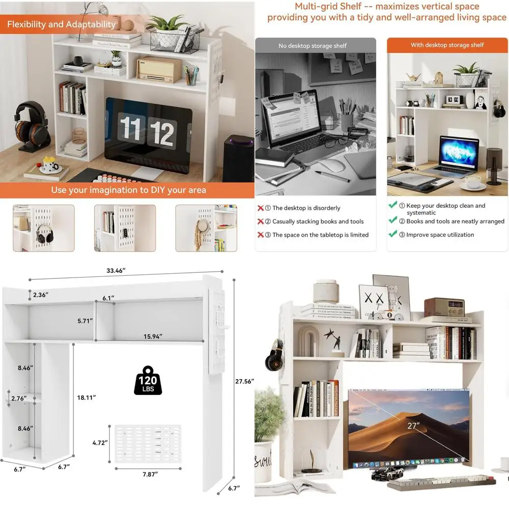 

5-Tier Adjustable White Desk Hutch Organizer with Pegboard for Home Office, 33.46 Wide