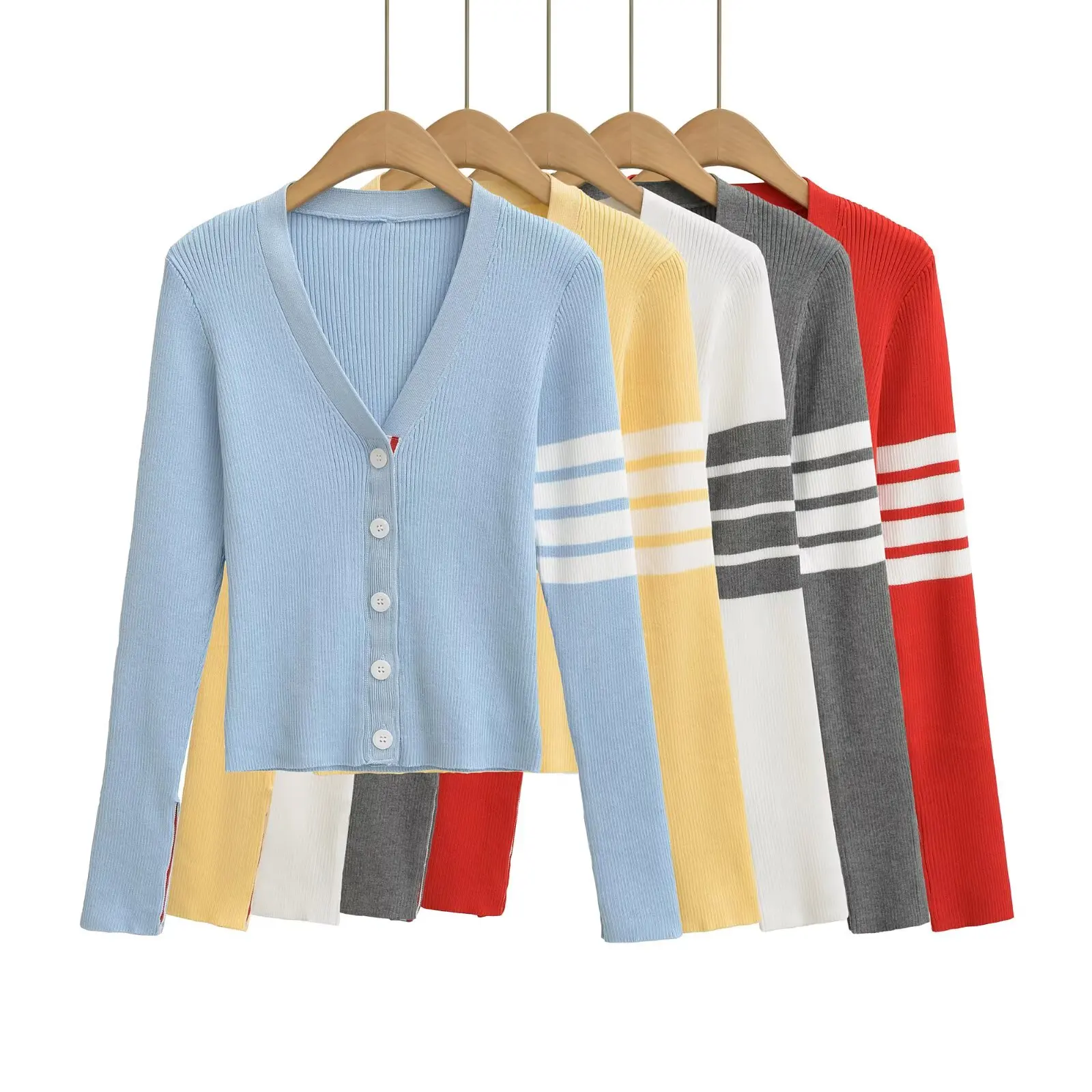 Sweet Style Slim Fit Short Knitted Sweater Long Sleeve Outerwear for Girls Fashionable Casual V-Neck Button Design Elastic
