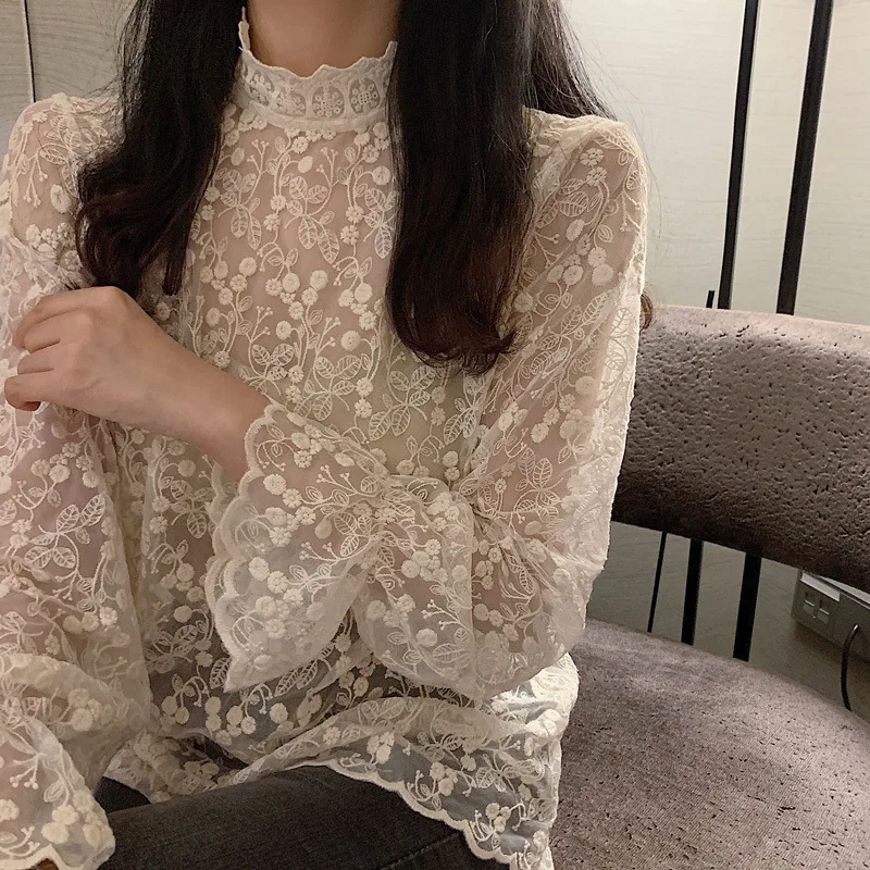 Long Sleeve See Through Stand Collar Hollow Out Lace Women Blouse Fashion Summer Elegant Shirt Spring Flare Sleeve Tops