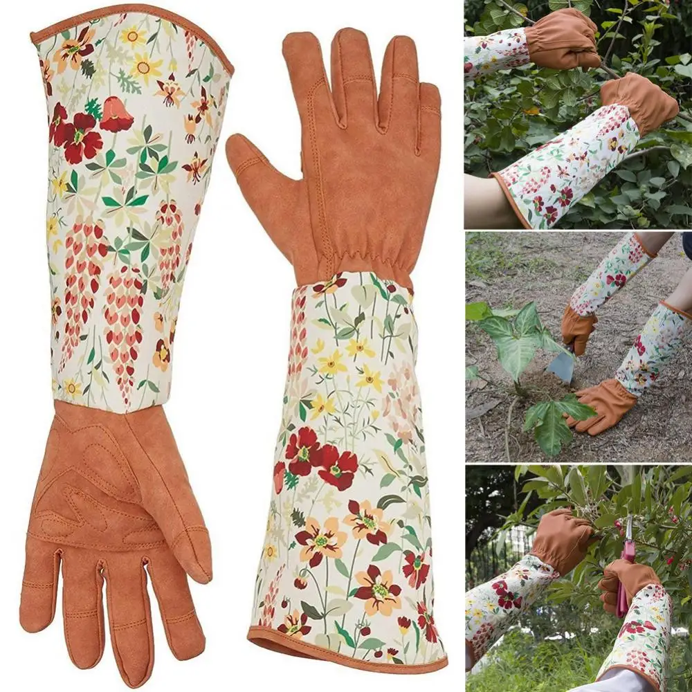 Faux Leather Gloves for Women Breathable 1Pair Floral Print Garden Non-Slip Cleaning Gardening Household