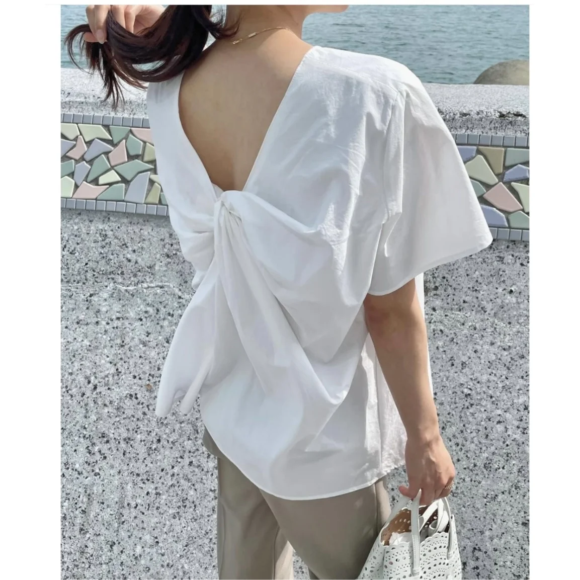 

Korean Sle Knot Ba ort Sve T-irt Women's Simple Pure Color Versatile Spring New Arrival Casual Top