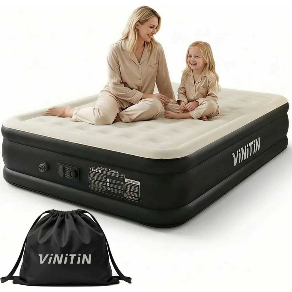 16" Elevated Inflatable Air Mattress with Built-in Pump, Ideal for Home and Guests, Self-Inflating with Flocked Top