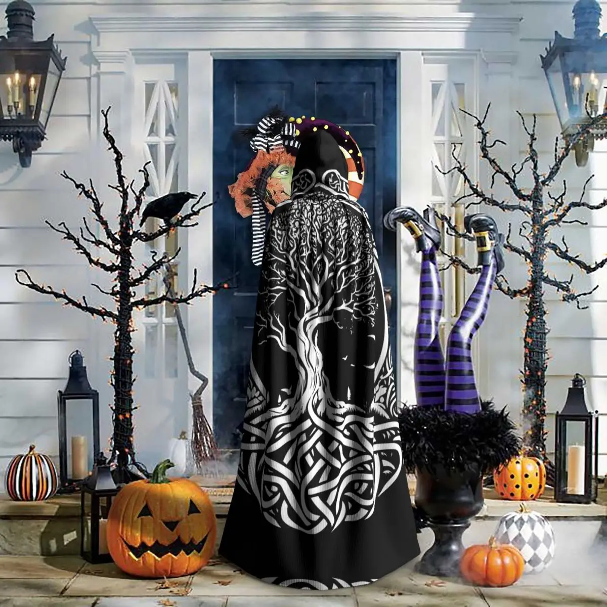 Mantello adulto mantello con cappuccio norreno Nordic Tree Life Costume medievale Witch Wicca Vampire Elf Purim Carnival Party