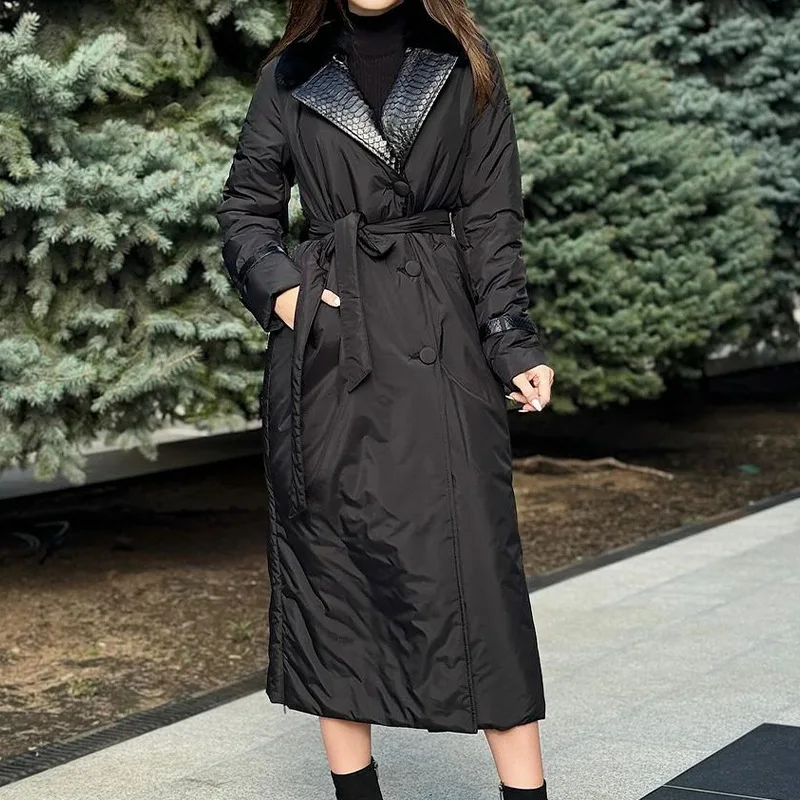 

Winter Long Lapel Cotton Jacket Women White Duck Down Lace Up Knee Length Down Jacket Female Single Breasted Warm Parker Outwear