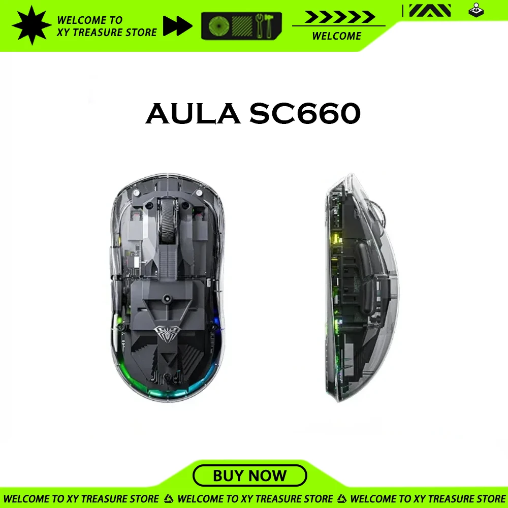 AULA SC660 Transparent Gamer Mouse Wireless Bluetooth Three Mode PAW3325 RGB Backlight E-sports Mouse Ergonomic Customize Mouse