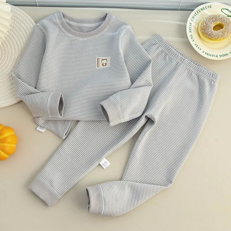 Casual Striped Kids Underwear 2 Piece Sets Winter New Pullover Tops Children Warm Ensemble Thermals Girls/Boys Pajamas Conjuntos