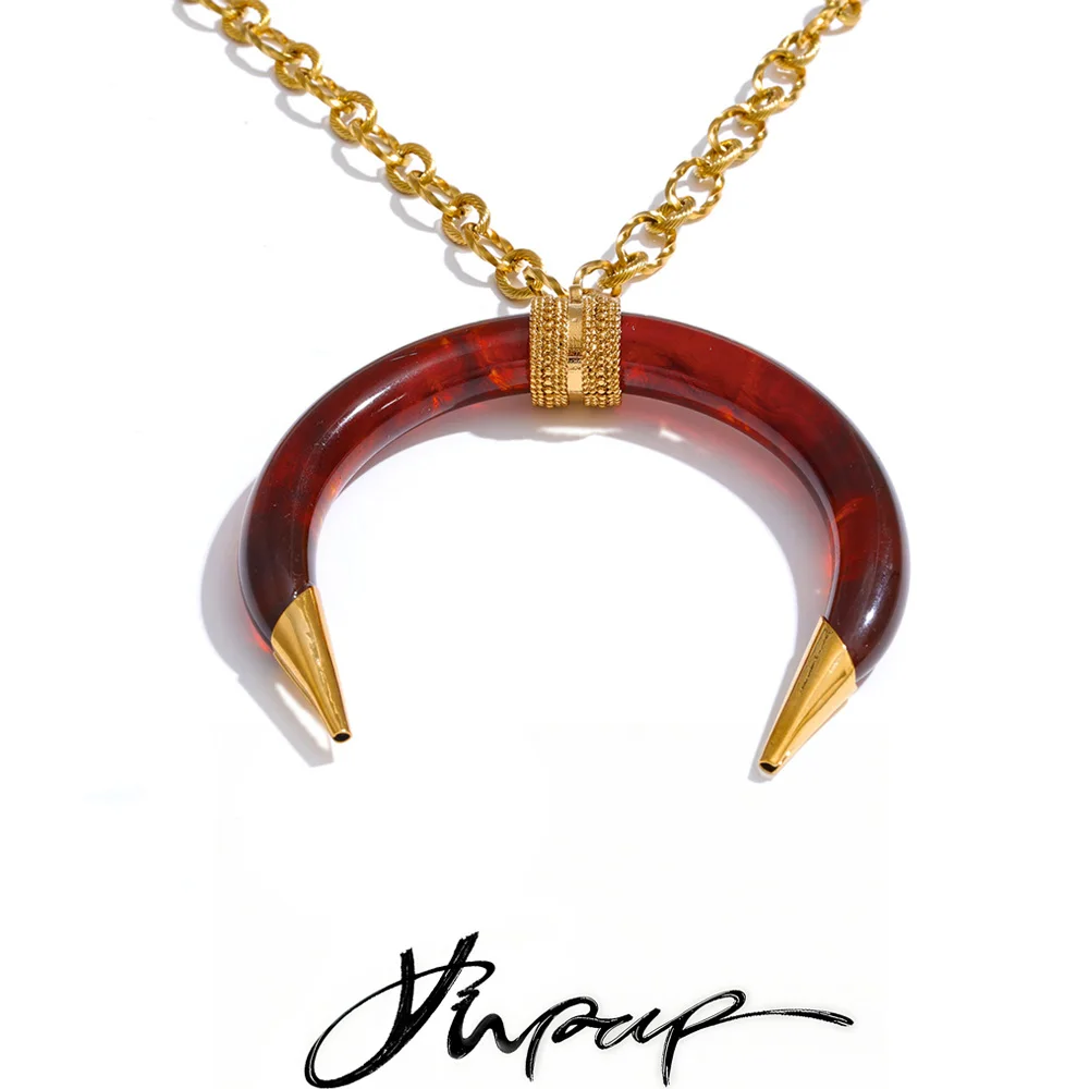 Yhpup 80+5cm Stainless Steel Resin Horn Pendant Statement Long Necklace Waterproof Fashion Attractive Vintage Lucky Jewelry