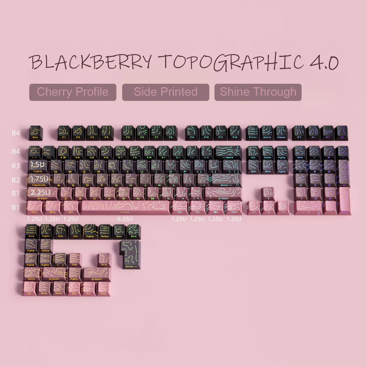 

Колпачки для клавиш Blackberry Topographic 4,0 PBT с двойным выстрелом, 134 клавиши, блестящие колпачки для клавиш с боковой подсветкой, вишневый профиль для клавиатуры MX Switch