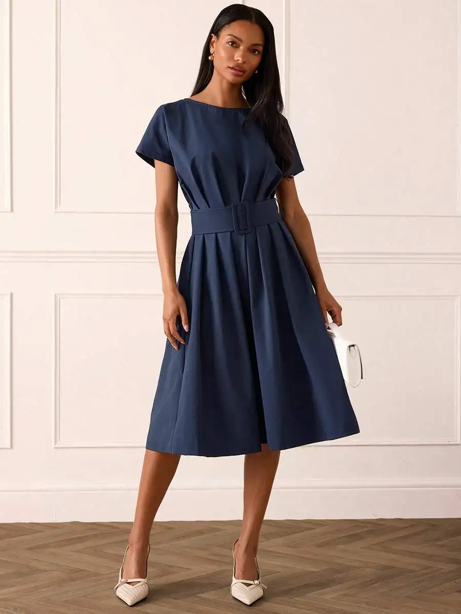 

Elegant Blue Waist-Cinched Midi Dress With Belt For Women