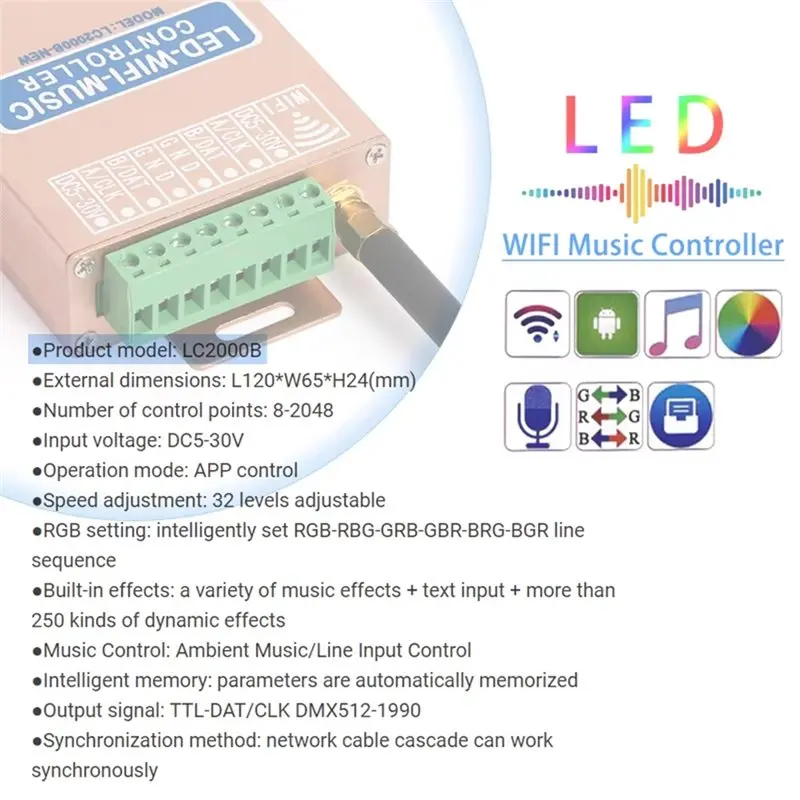 HRBAJ-LC2000B LED Strip Controller RGB Controller For WS2812B LED Digital Pixel Strip 8-2048 Pixel LED Screen With Built