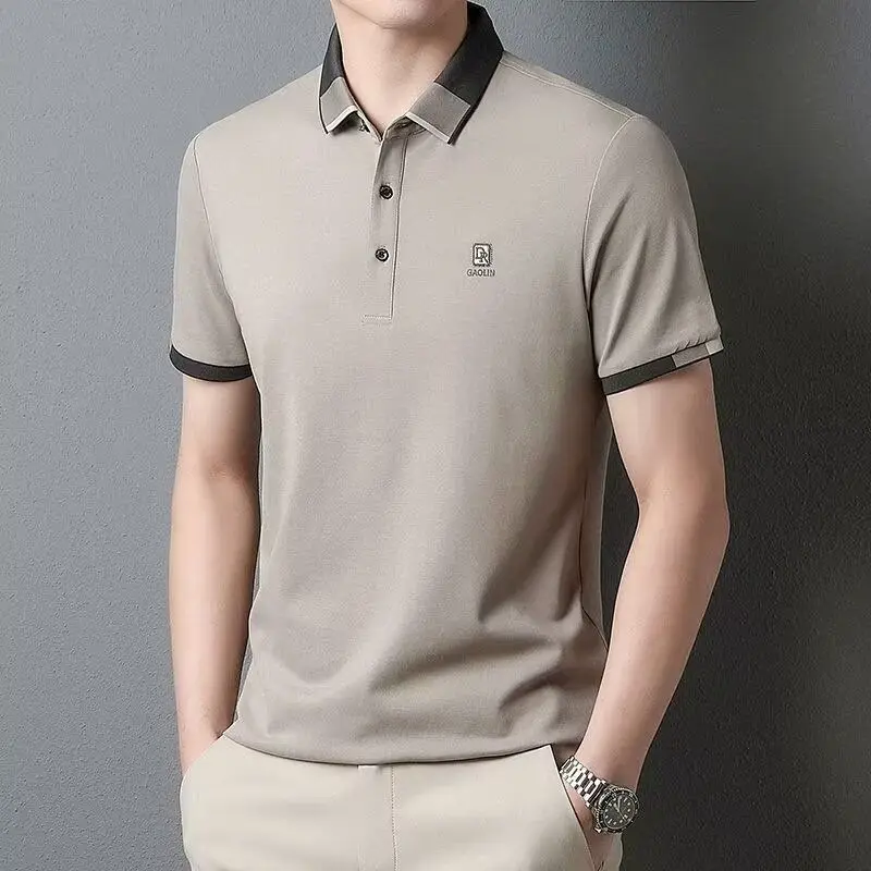 Summer New Korean Fashion High End Smart Casual Polo Shirt Men\'s Solid Lapel Button Embroidery Simple Versatile Short Sleeve Top