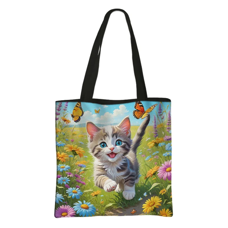 Bolso de mano con estampado de gatito y flores para mujer, bolsa de compras de gran capacidad, ecológico