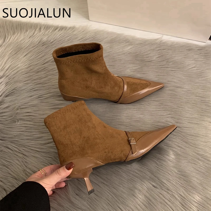 SUOJIALUN Winter New Brand Women Ankle Boots Fashion Pointed Toe Ladies Elegant Short Boots Shoes Thin High Heel Dress Pumps Sho