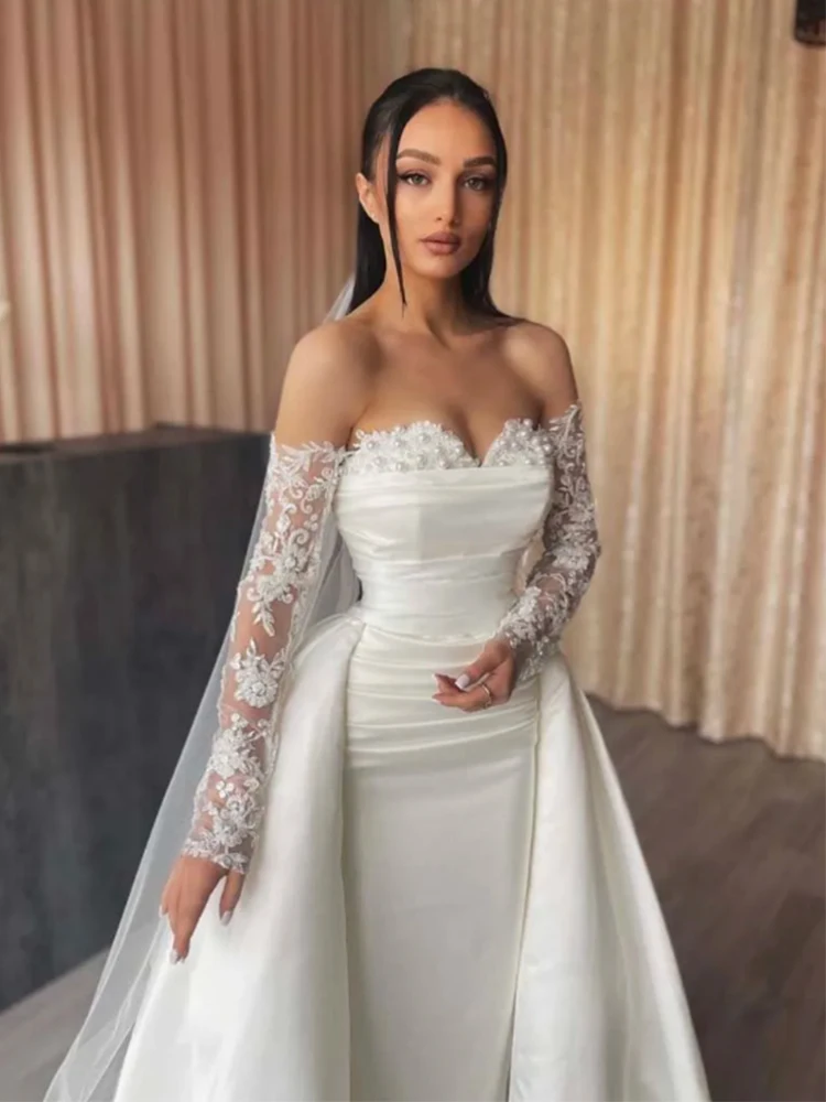 Dubai Sweetheart  Mermaid Wedding Dress With Detachable Train Lace up Back Appliques Sleeves Pearl Bridal Gown With a Veil