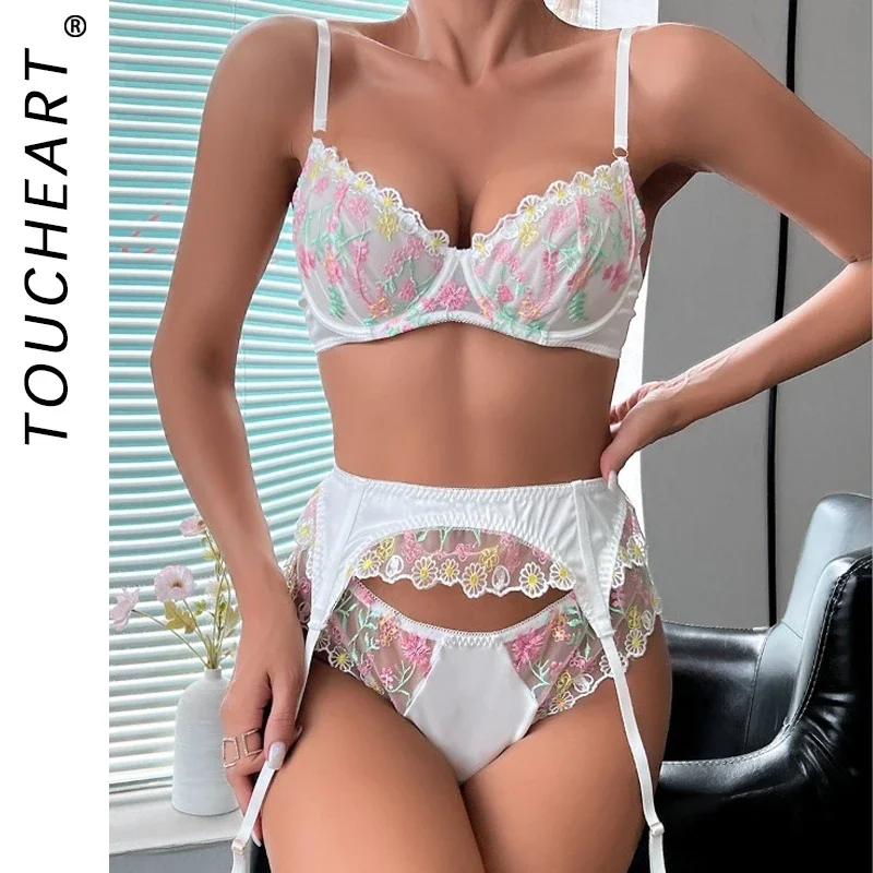 

Toucheart 3-Piece Sexy Lingerie Set Women's Embroidered Flowers Satin Fabric Patchwork Mesh Sexy Garters Printing Underwear Set