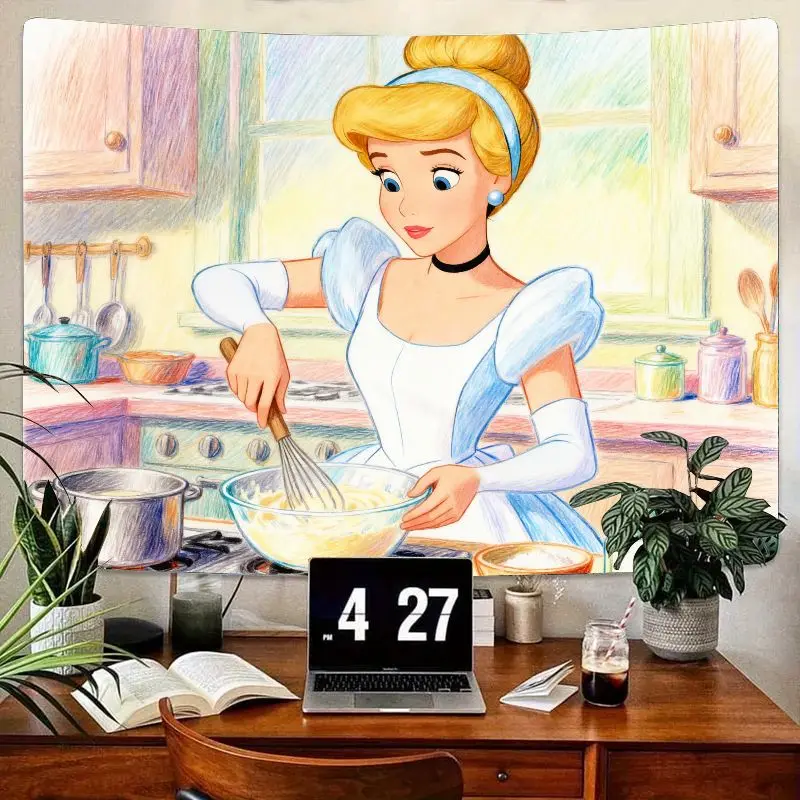 

1PC Disney Cinderella Baking Scene Tapestry Modern Polyester Wall Art Living Room Bedroom Kitchen Decor Gift for Princess Fans