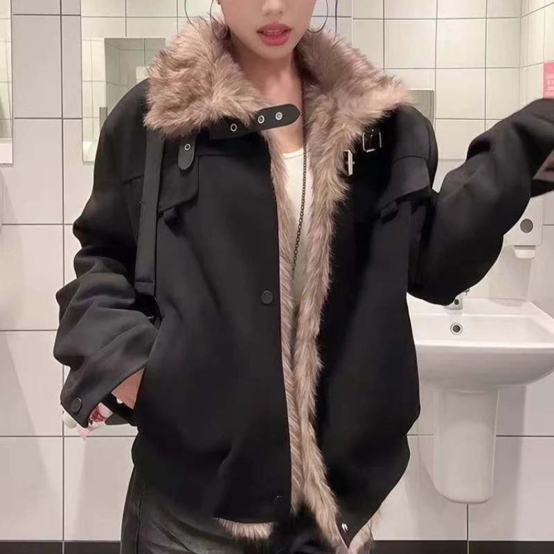 

Women's Winter Fur Collar Fashion Loose Coat High Street Retro Style Fleece Lined Parkas Casual Thickened Cotton Warm Jacket