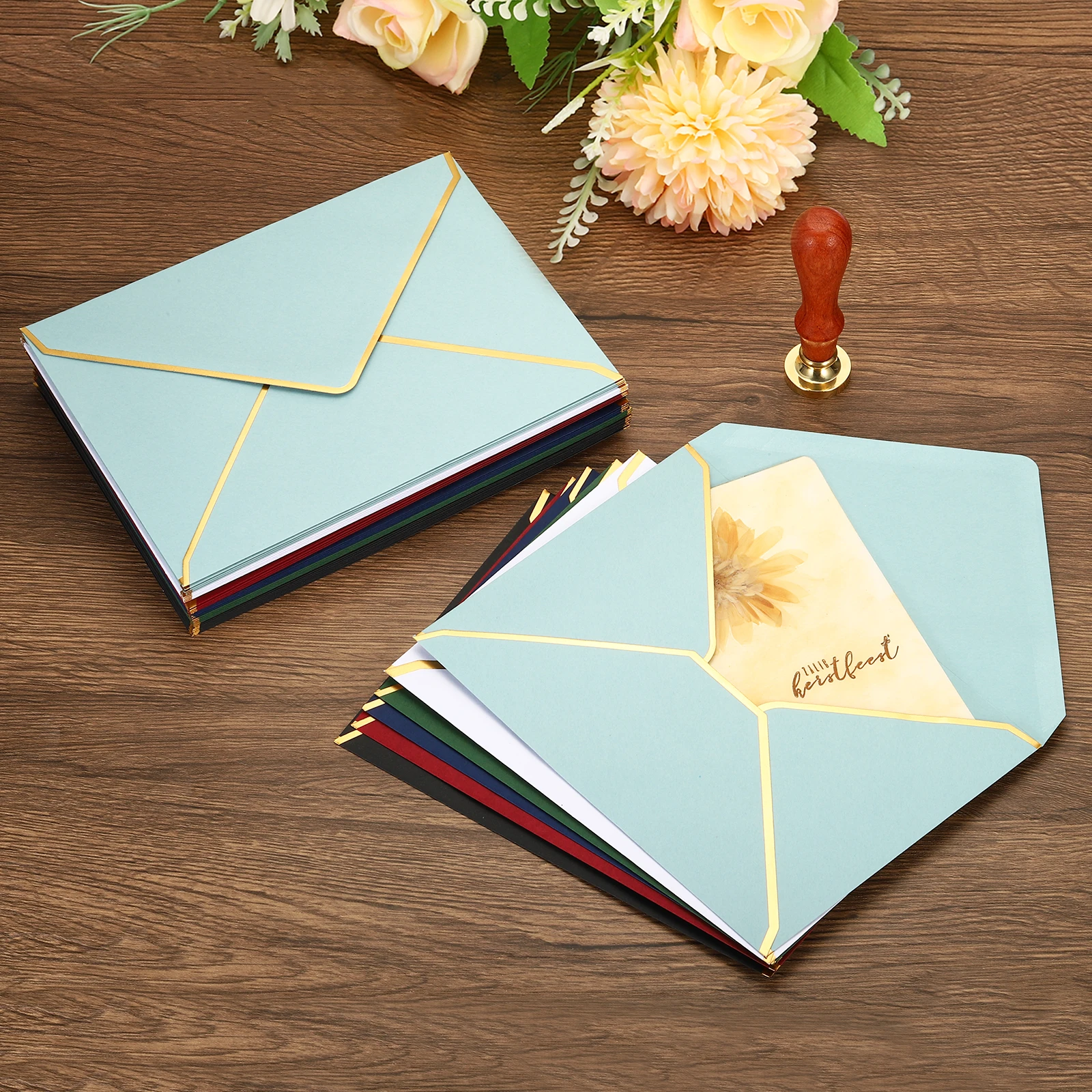 Sobres occidentales A7 de 5x7 para tarjetas, sobres con solapa en V con borde dorado para tarjetas de regalo de boda, invitaciones de graduación,