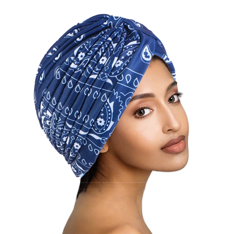 

New Muslim Women Ethnic Hat Bonnet Soft Stretch Amoeba Printed India Wrap Head Scarf Inner Hijabs Beanie Chemo Hat Bandanas