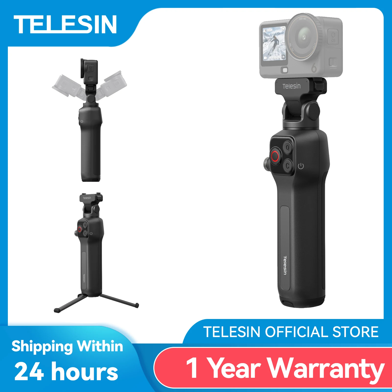 TELESIN 5000mAh 20W Ladegriff mit Fernbedienung für DJI Osmo Action 4 5 Pro 6 Osmo 360 Akku-Handgriff Selfie-Stick Stativ Fülllicht