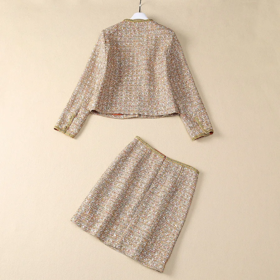 Europe and the United States women's 2024 autumn winter new Long-sleeved tweed jacket with gold thread skirt Fashion suit