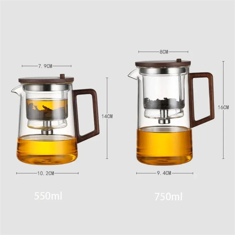 

Glass Inner Separation Teapot Container With One Handle Water Wood Walnut Tea Pot Filtering Infuser Click Filter
